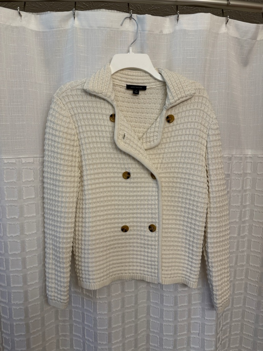 Ann Taylor Cream Double-Breasted Knit Cardigan